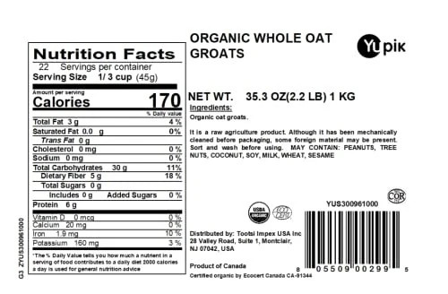 Yupik Organic Whole Oat Groats,2.2 Lb (35.2 Oz), Non-gmo, Vegan, Koshe