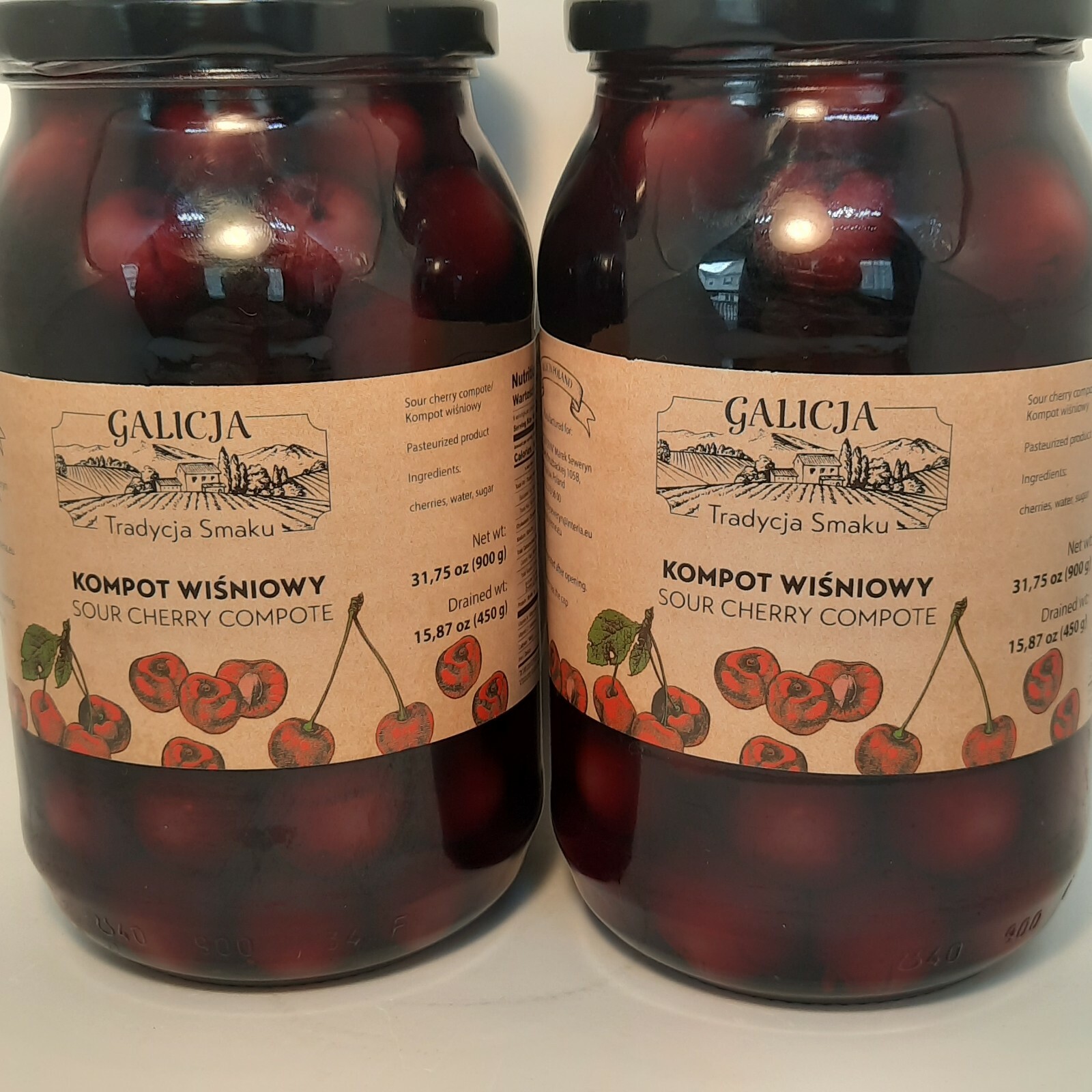 Galicja Sour Cherry Compote Glass Jar 31.75 oz / 900 g Imported from Poland