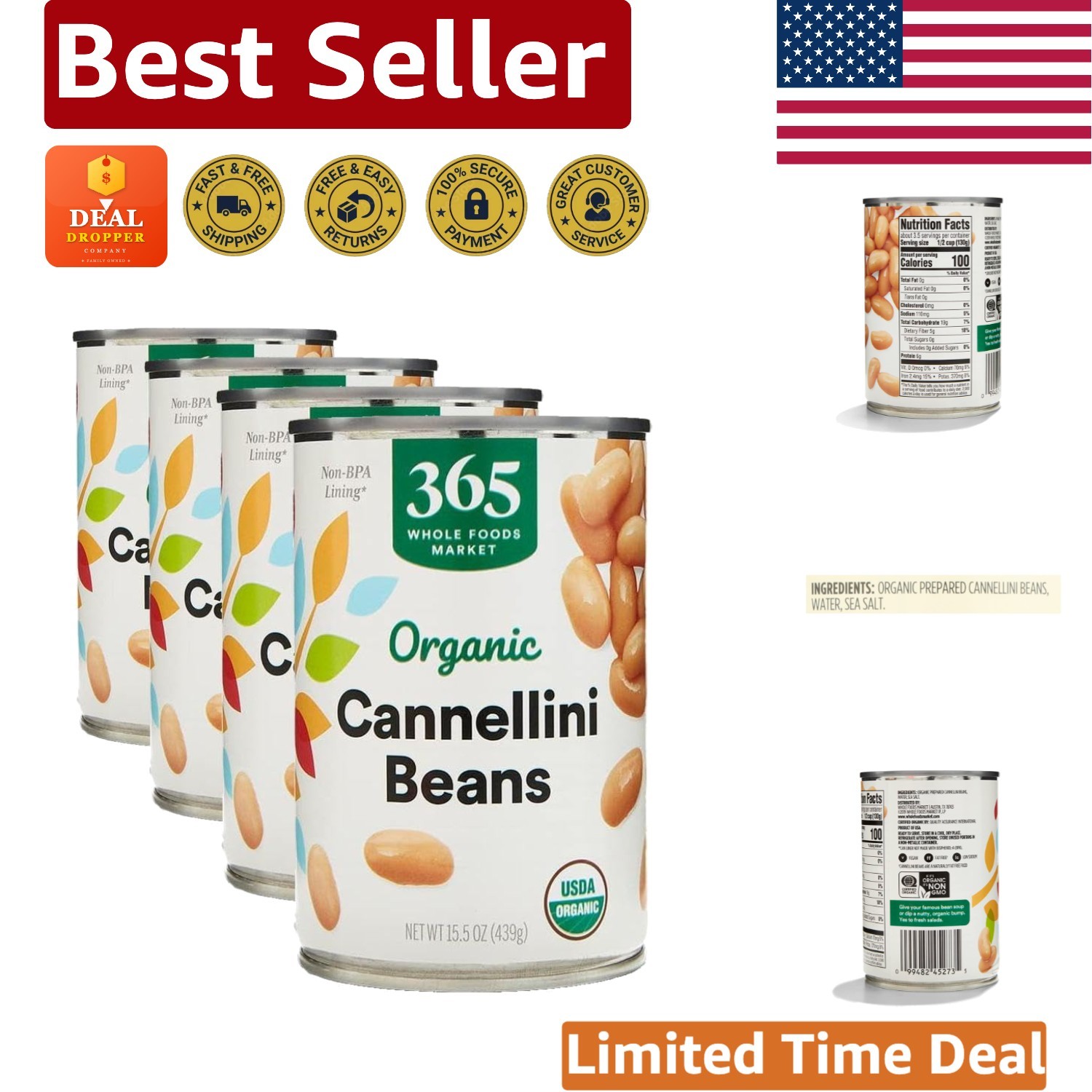 Organic Cannellini Beans, Pack of 4, 15.5 Oz Cans – Low Sodium & Delight
