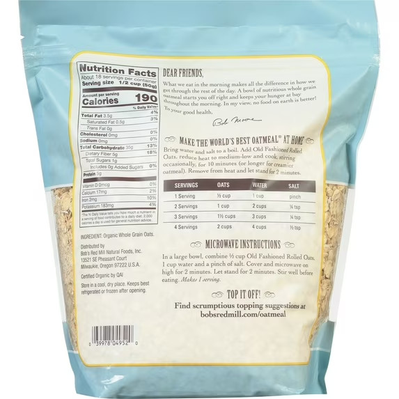 Bob’s Red Mill Old Fashioned Organic Rolled Oats 32 oz Pkg