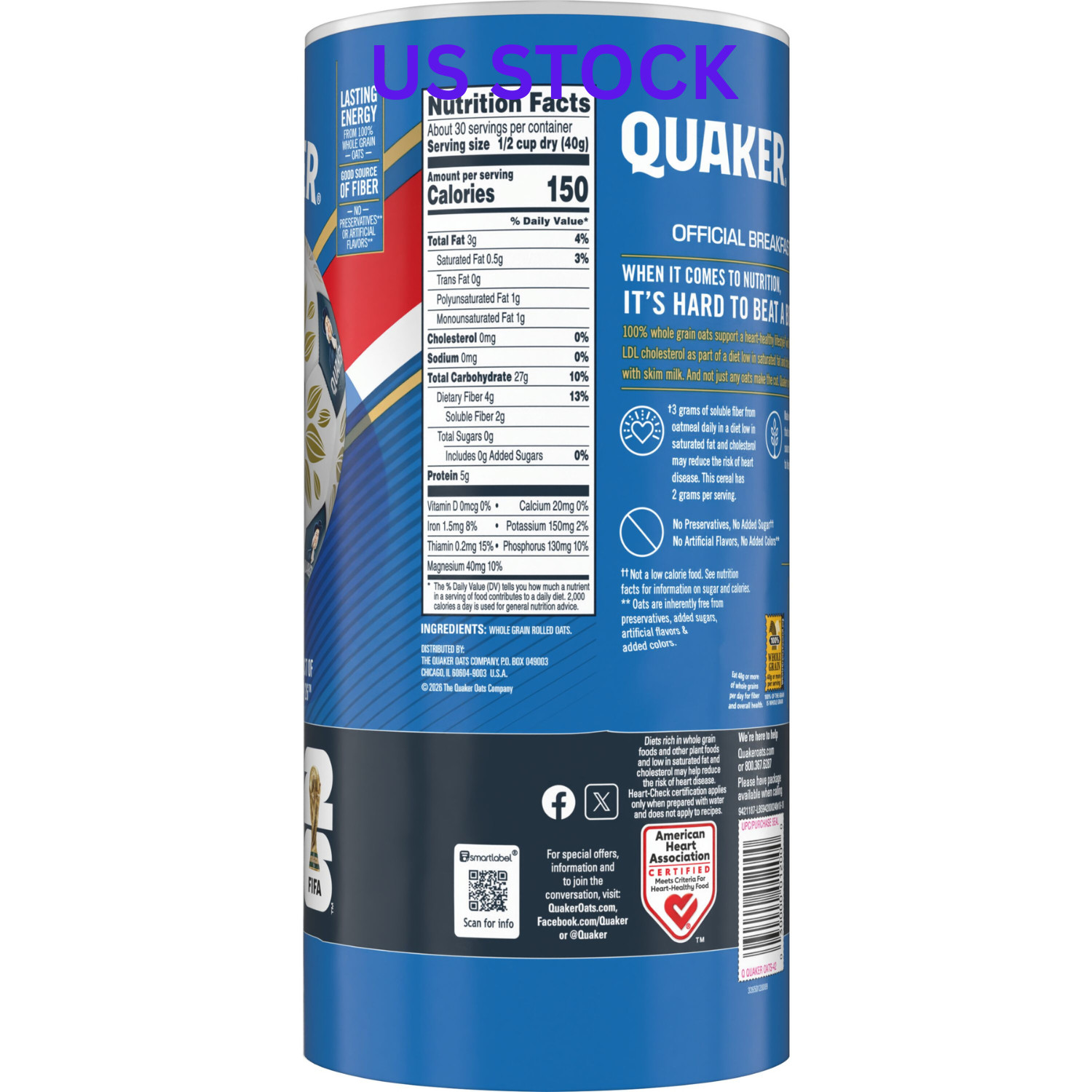 Quaker, Quick 1 Minute Oats, Oatmeal, Quick Cook Oatmeal, 42 oz Canister Dry Oat