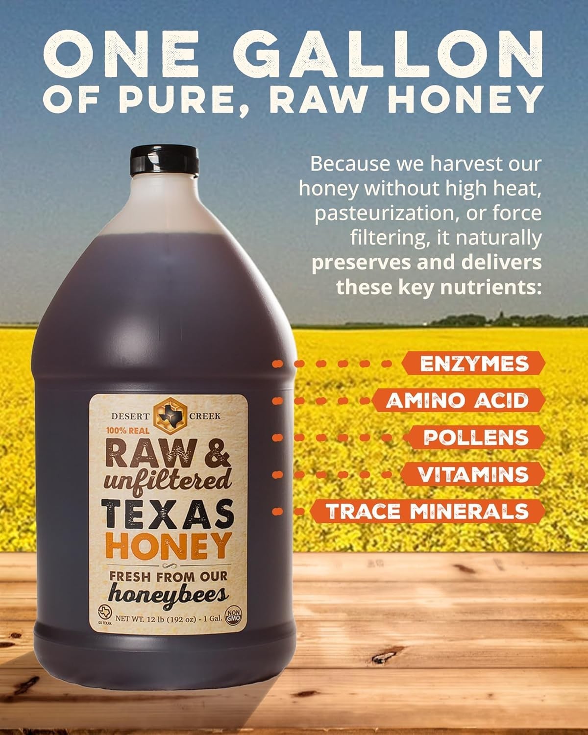 100% Pure Raw Texas Honey – One Gallon Natural Sugar Substitute, Unfiltered