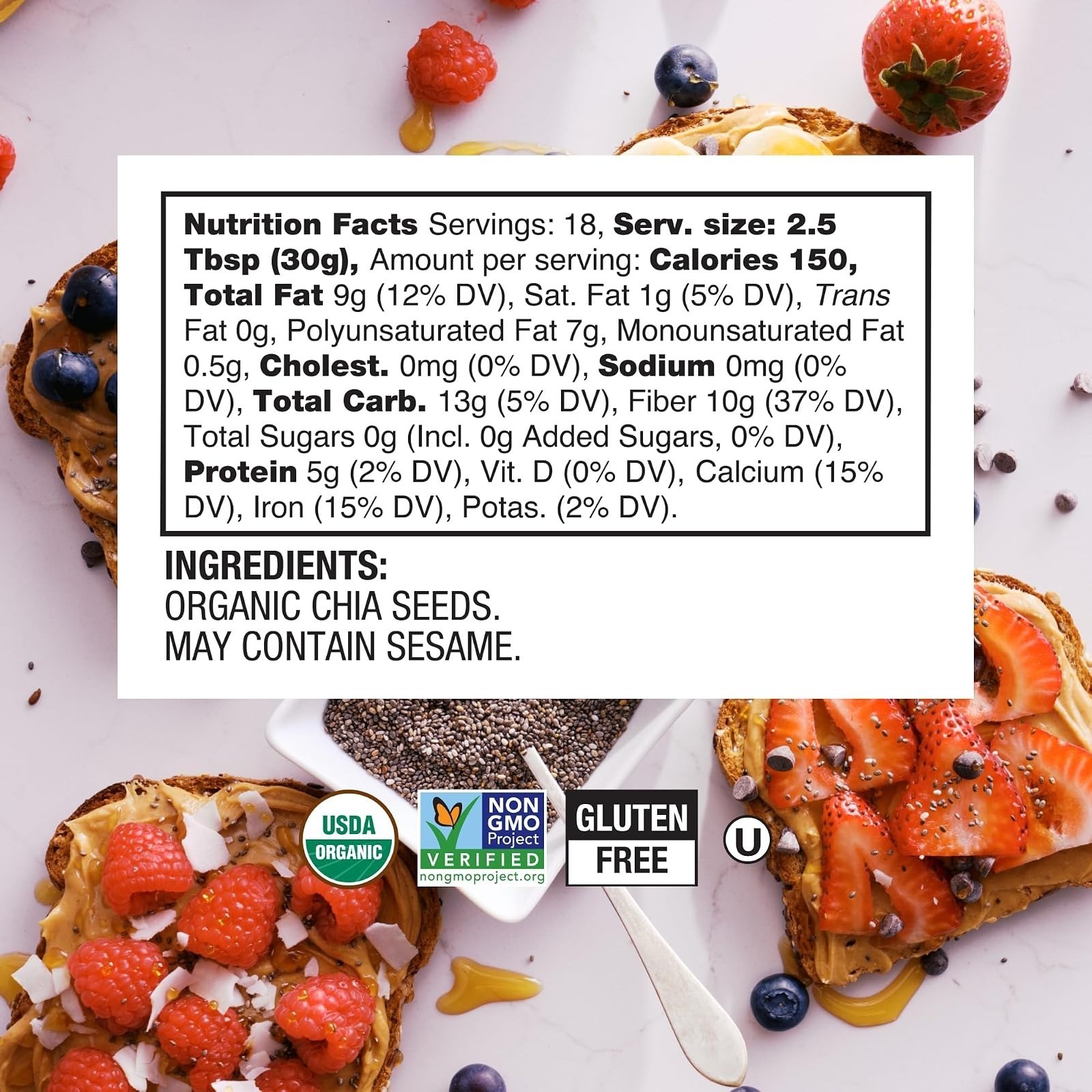 Organic Chia Seeds, Gluten Free, Keto Friendly, Vegan, 1.25lb
