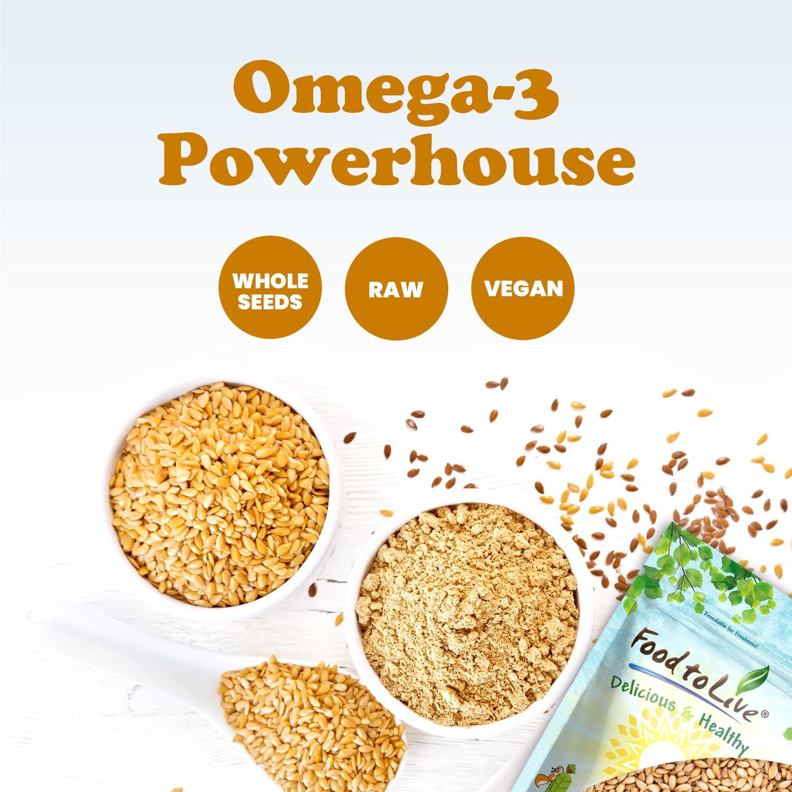 Golden Flax Seeds – Raw, Vegan, Kosher, Bulk. Semillas de Linaza