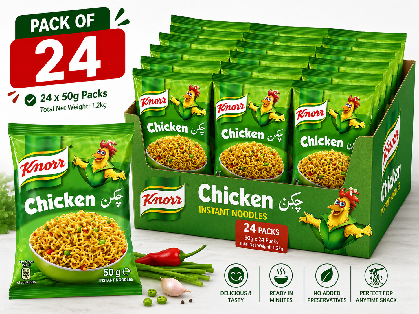 Pack of 24 Knorr Chicken Instant Noodles 50g Halal Quick Easy Meal Bulk