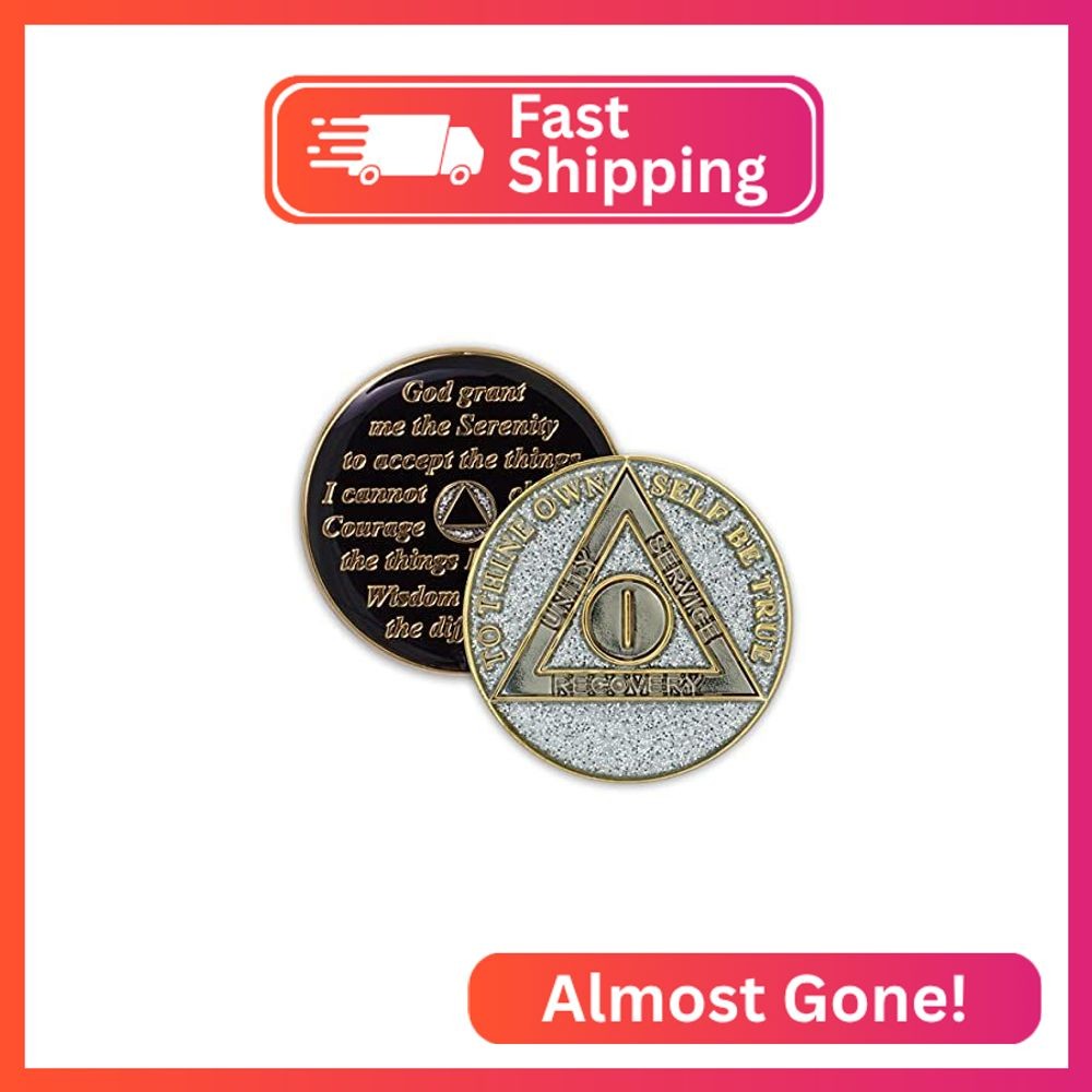 1 Year Sobriety Coin | Glitter Triplate AA Chip Recovery Anniversary Token (Silv