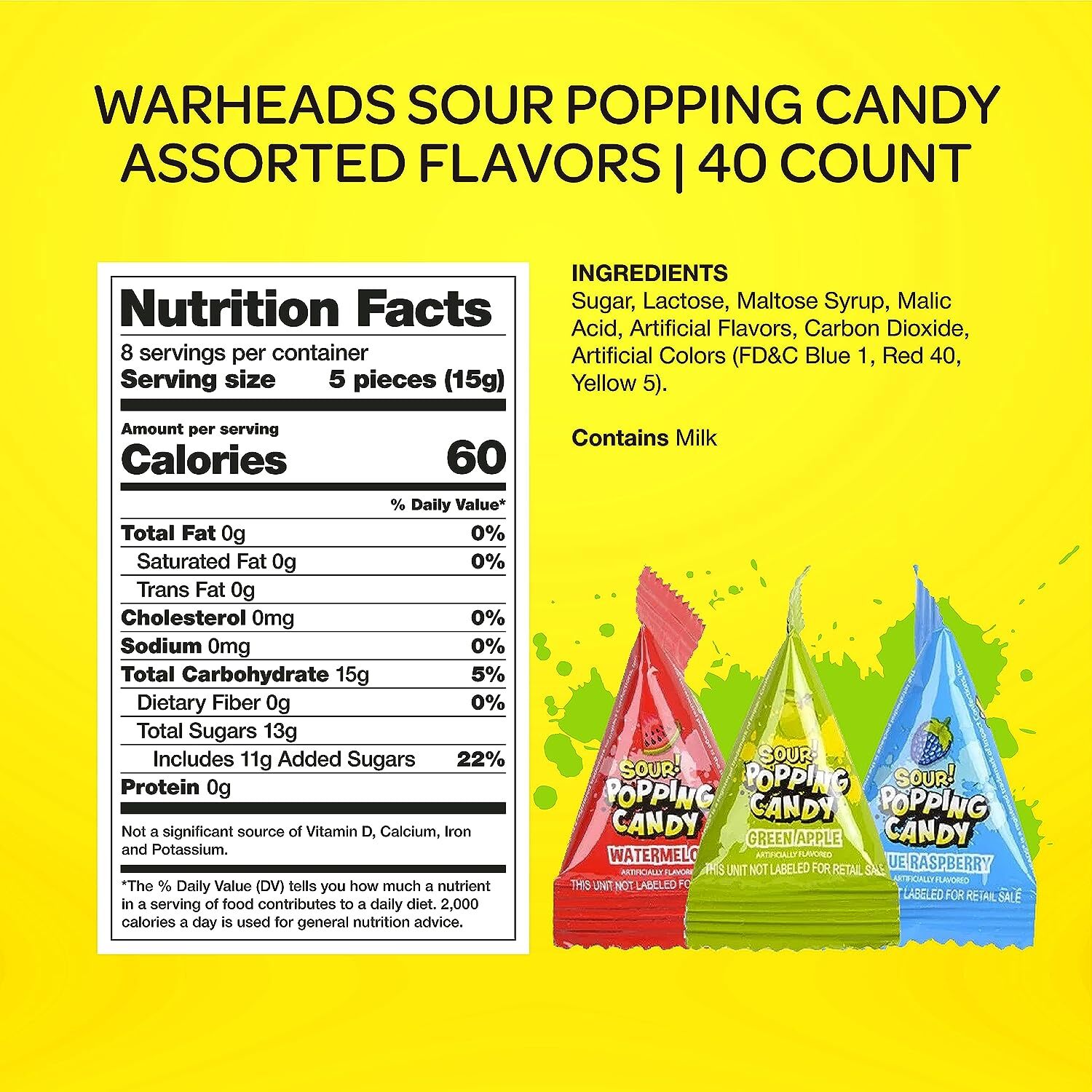 Warheads Sour Popping Candy Assorted Fruit Flavors, 40 Count Bag