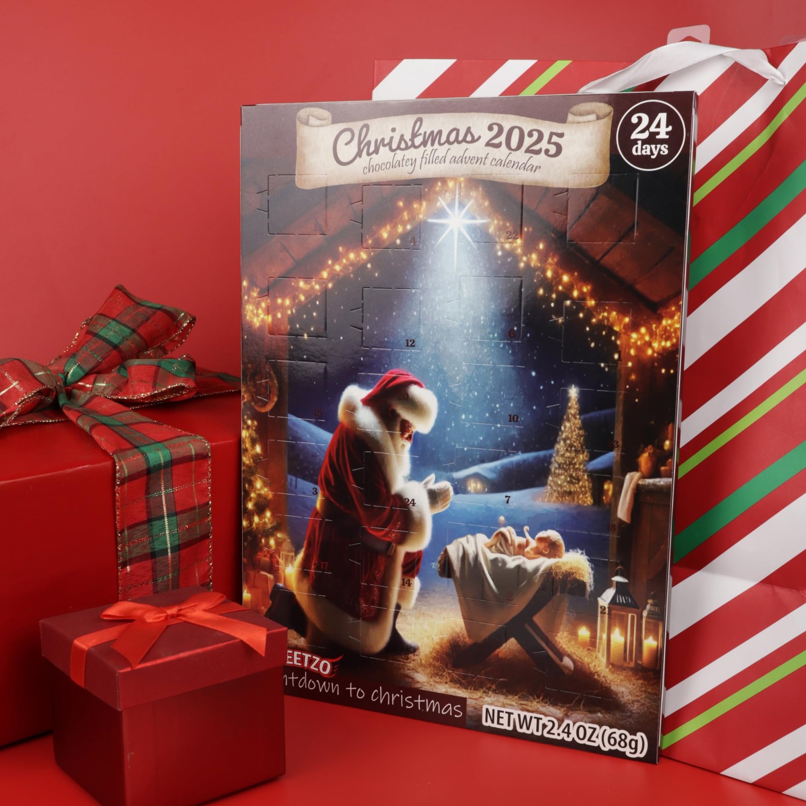 2 PCS Nativity Christmas Advent Calendar Santa Countdown 24 Days 2.4 Ounces
