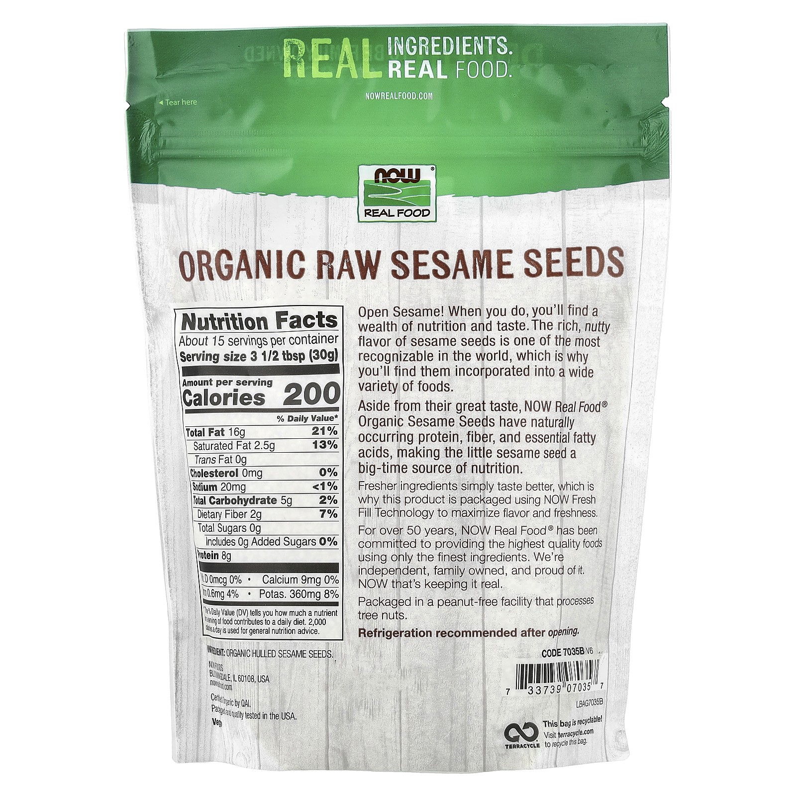Real Food, Organic Raw Sesame Seeds, 16 oz (454 g)