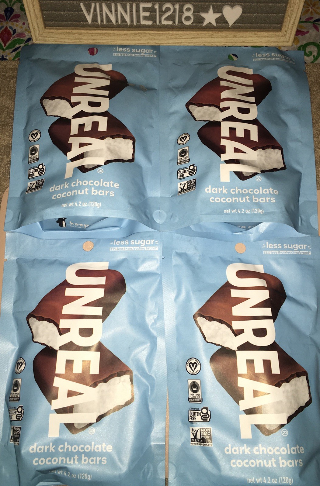4 Unreal Dark Chocolate Coconut Bars 4.2oz Bags Vegan Dairy Gluten Free Non Gmo