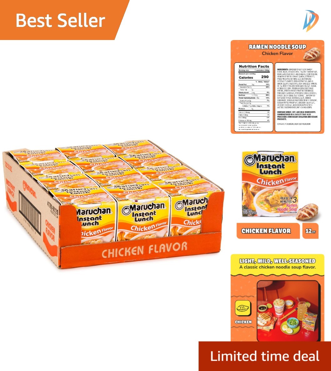 Quick & Easy Chicken Flavor Ramen Noodle Soup Cups – 12 Pack, Just Add Water
