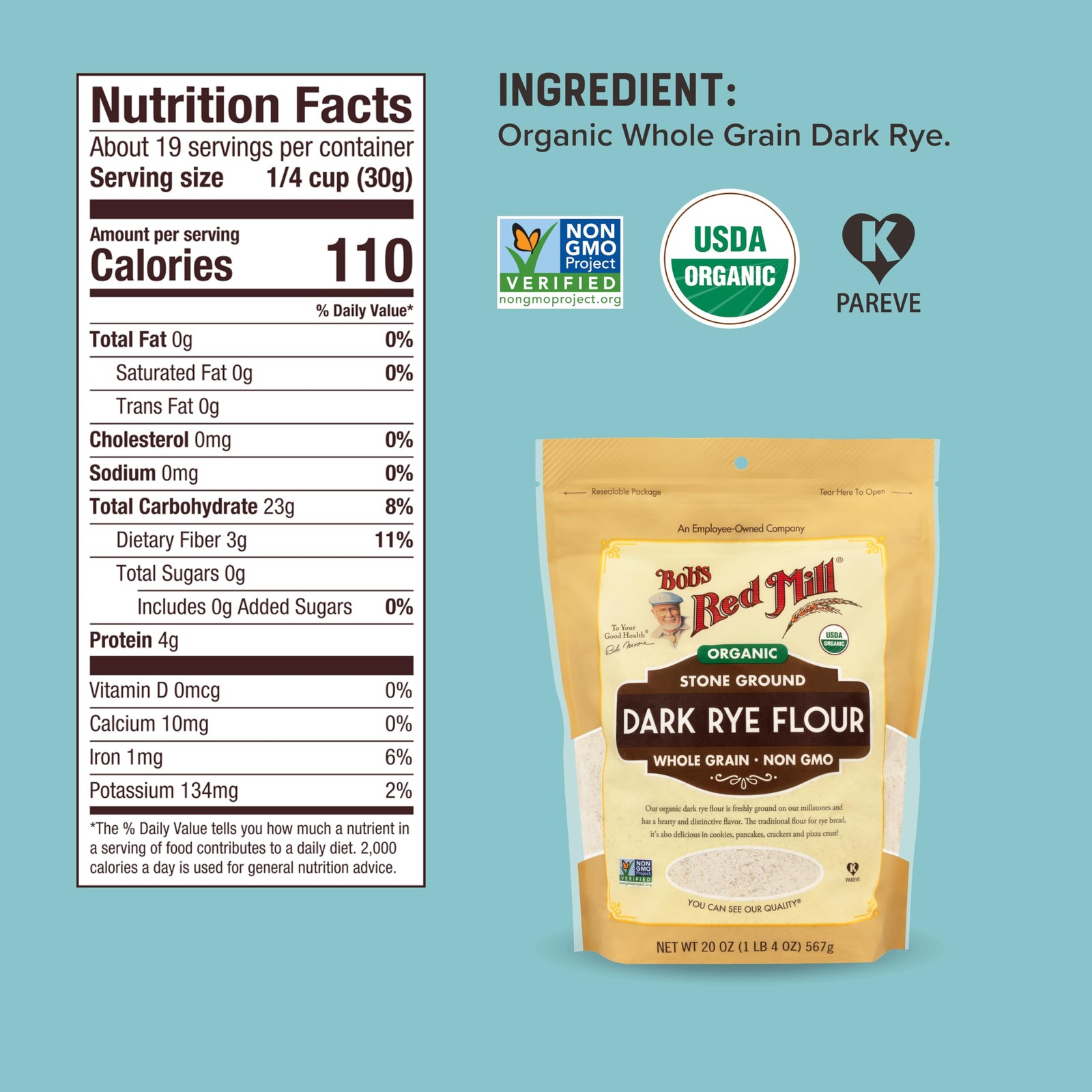 Bob’s Red Mill Organic Dark Rye Flour, 20oz (Pack of 4) 20 Ounce