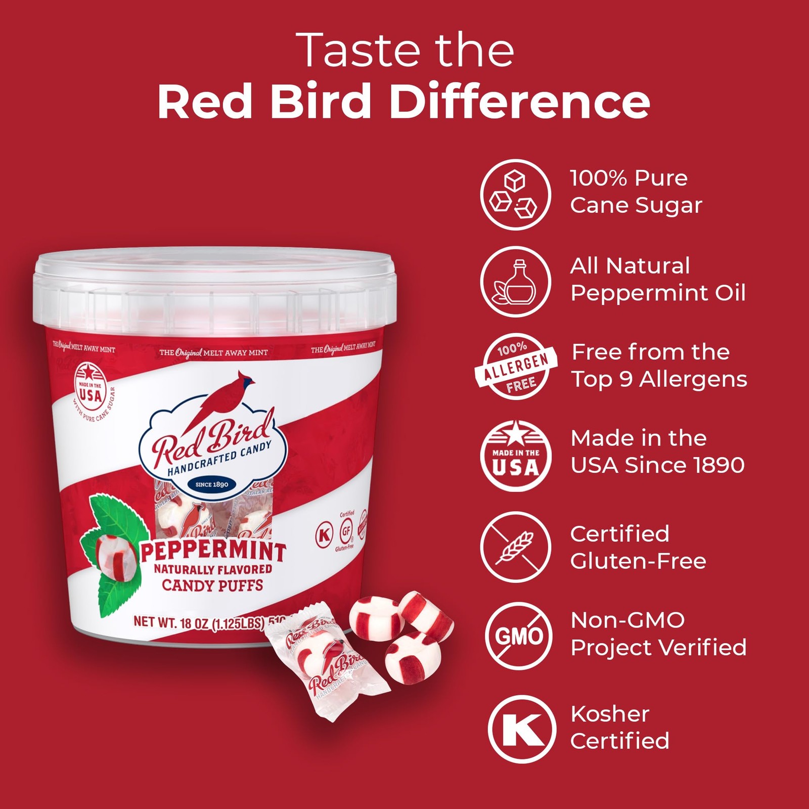 Red Bird Soft Peppermint Puffs, Christmas Candy Individually Wrapped 18 oz Tub