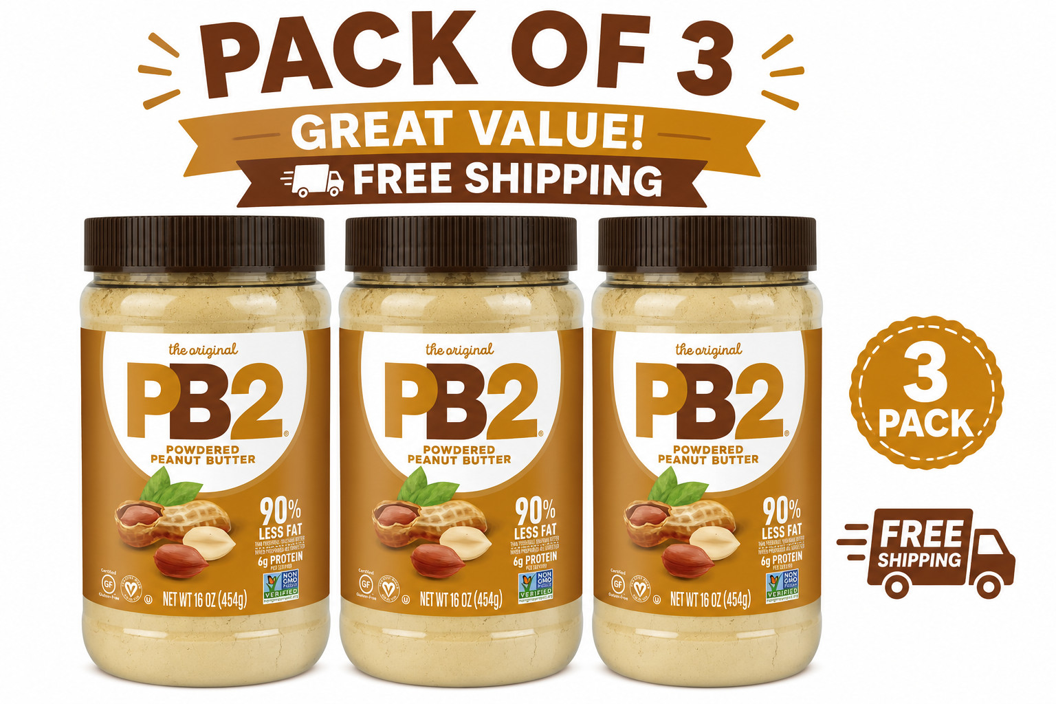 ( 3 PACK ) PB2 Powdered Peanut Butter, 16 oz.