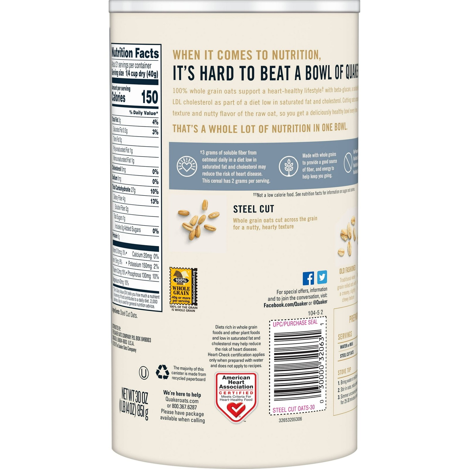 Quaker Steel Cut Traditional Oats 30 oz.