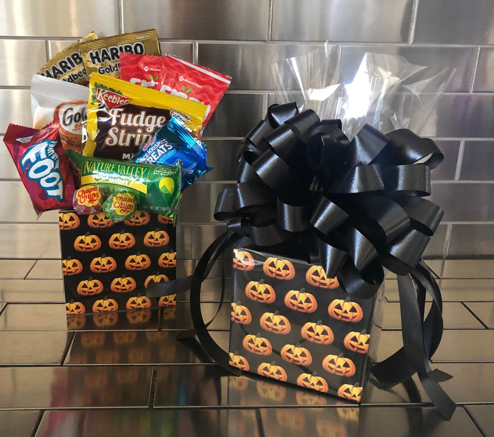 Kids Halloween Snack Gift Box-Basket Color Black Pumpkin Theme Card Included