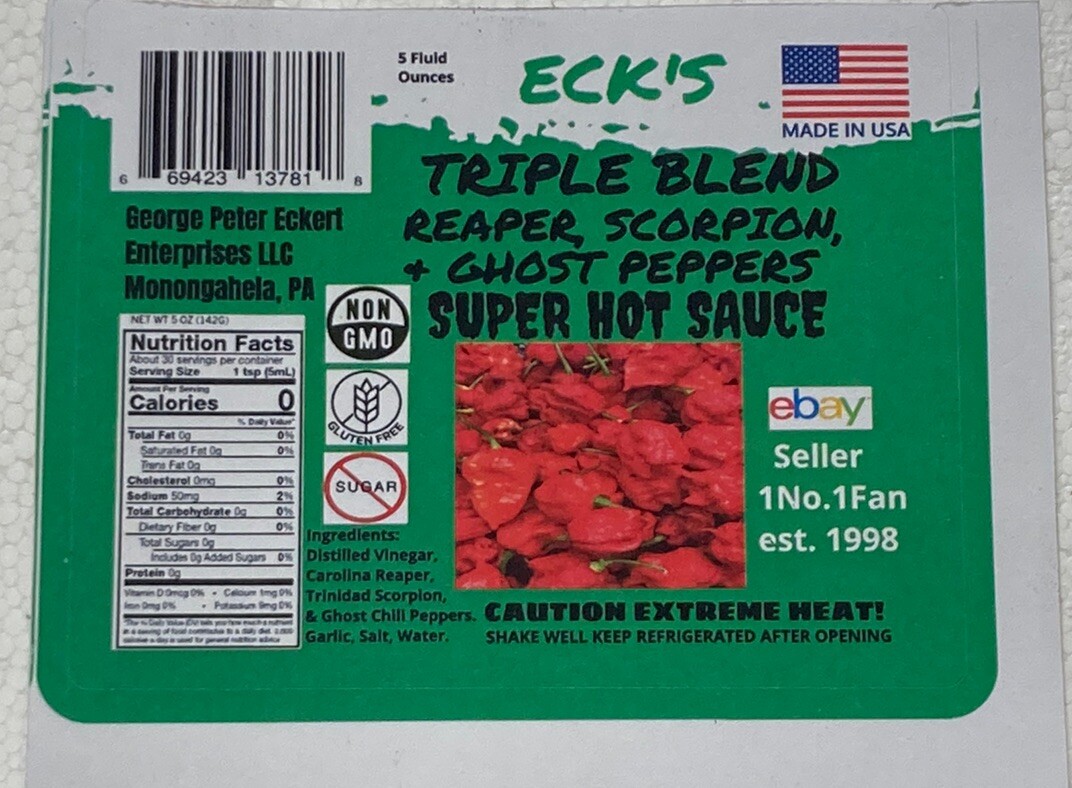 ECK’S TRIPLE BLEND REAPER SCORPION GHOST Super Hot Pepper Sauce 5 oz Bottle