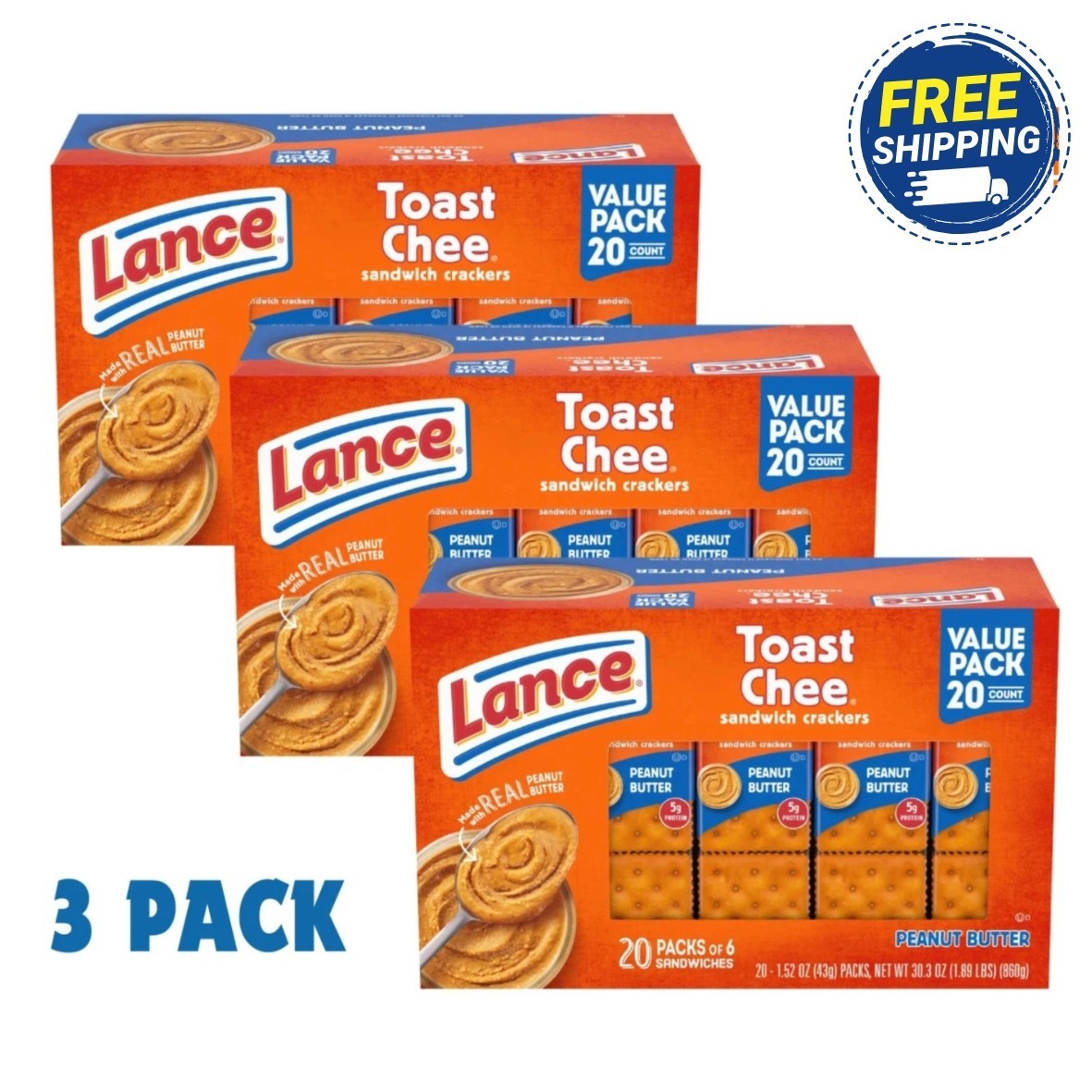 Lance Toast Chee Peanut Butter Sandwich Crackers – 20 Pack, 3 Boxes