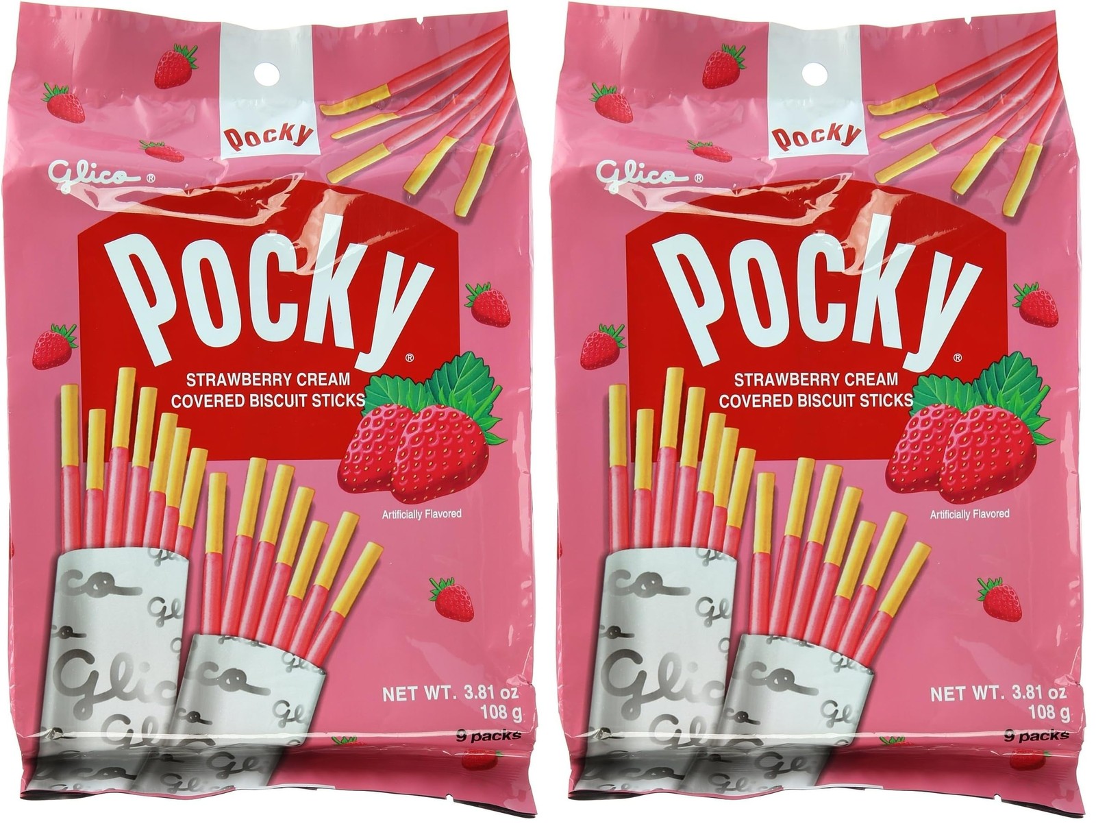 Glico Pocky, Strawberry Cream Covered Biscuit 3.81 Ounce (Pack of 2), Multi