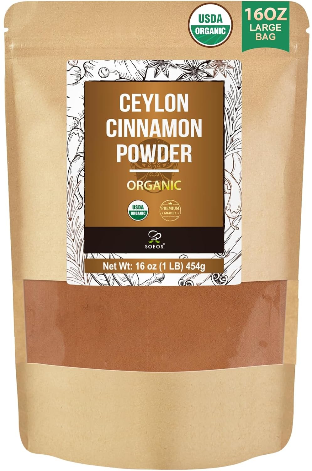 Soeos Organic Ceylon Cinnamon Powder, 16oz (454g), Premium Ground Cinnamon, Non-