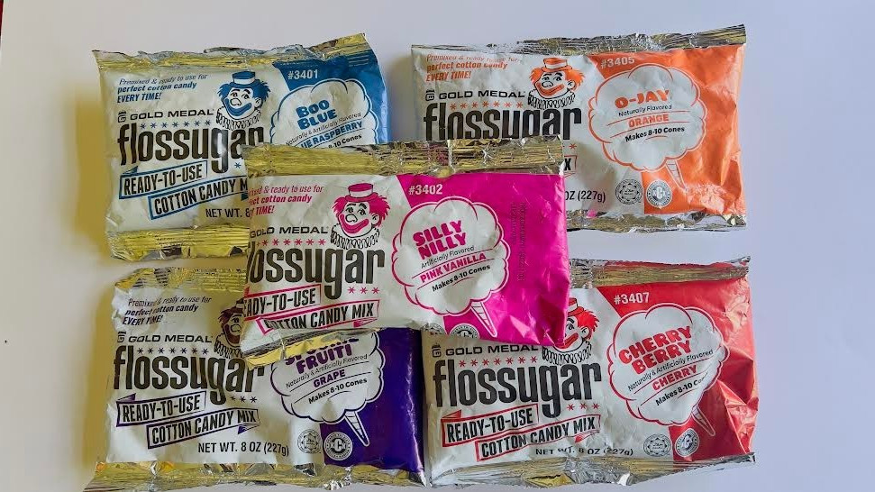 Premium Flossugar Cotton Candy Kit-100 Count Paper Cones & 5 Assorted 8oz Sugar
