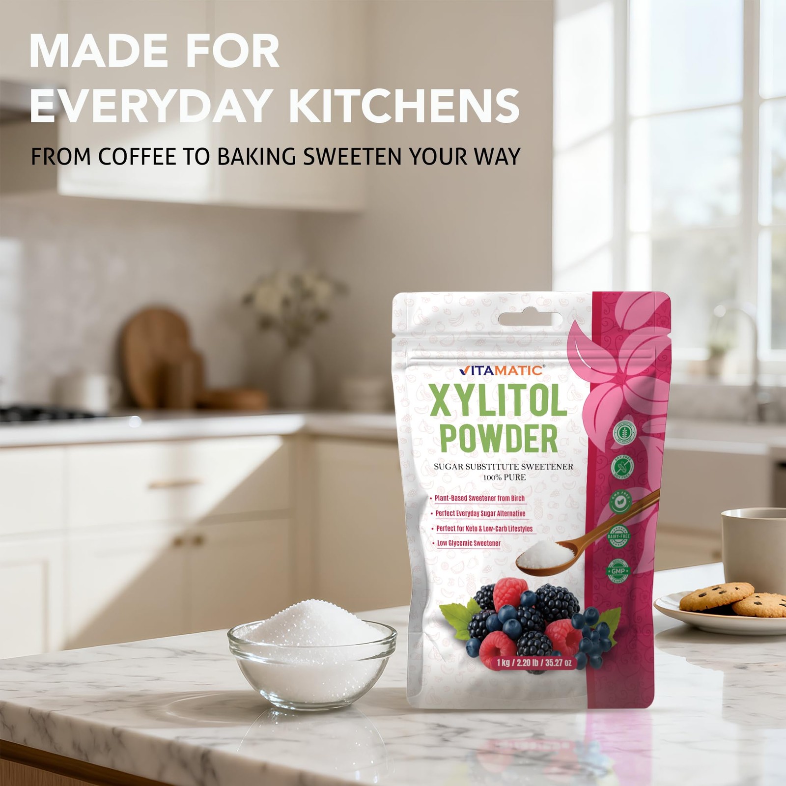 Pure Xylitol Powder 1kg Birch Sweetener Keto Vegan Sugar Substitute Low Glycemic