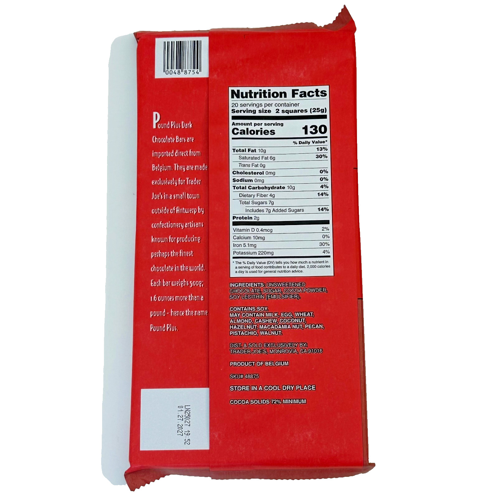TRADER JOE’S HUGE BELGIUM POUND PLUS 72% DARK CHOCOLATE BAR 1 Lb 1.6 oz