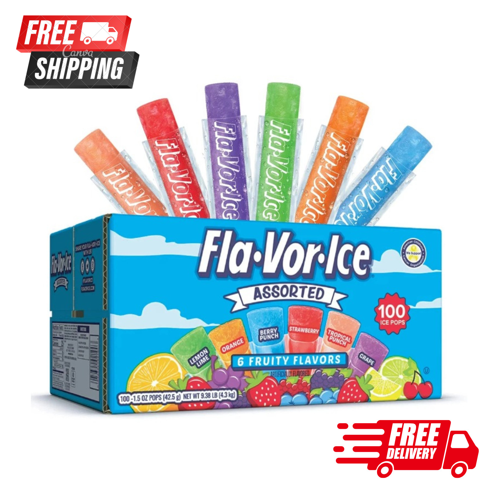 Fla-Vor-Ice Assorted Gluten-Free Freezer Ice Pops, 1.5 oz, 100 Count