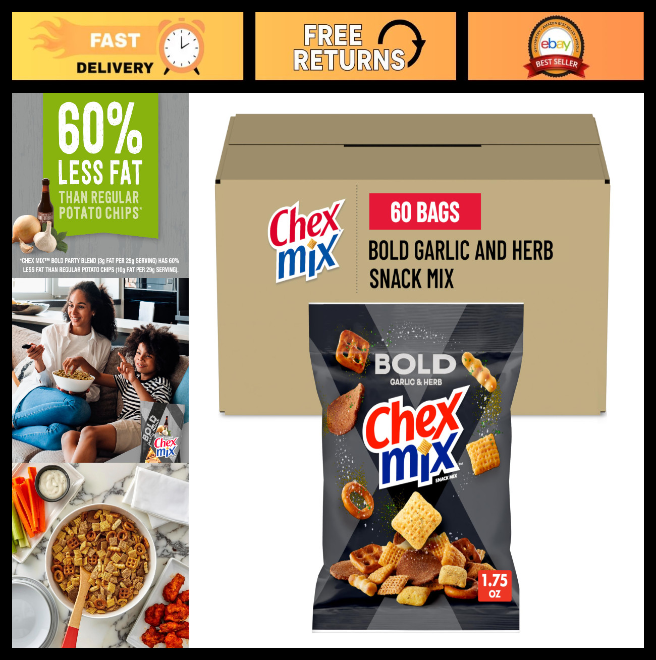 Bold Party Snack Mix, Chex Mix Variety Pack, 1.75 Oz, 60 Count – Perfect for Par