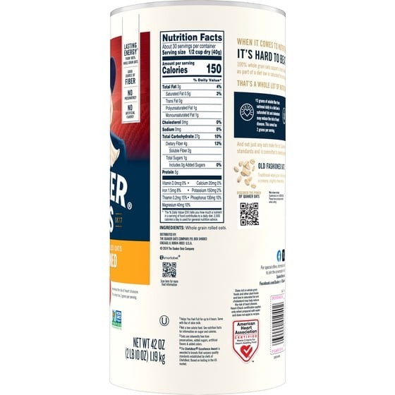 Quaker Oats Old Fashioned 42 oz Whole Grain Oatmeal Healthy Breakfast