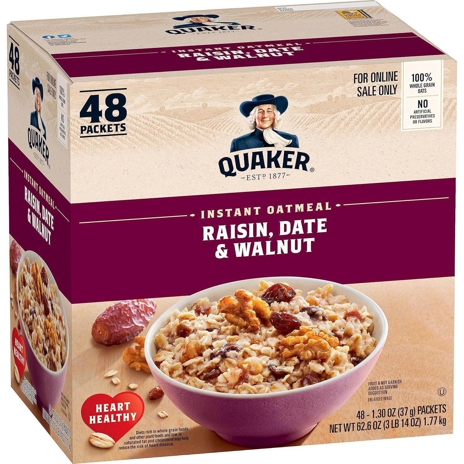 Instant Oatmeal, Raisin, Date and Walnut, Individual Packets, 1.30 Ounce (Pack