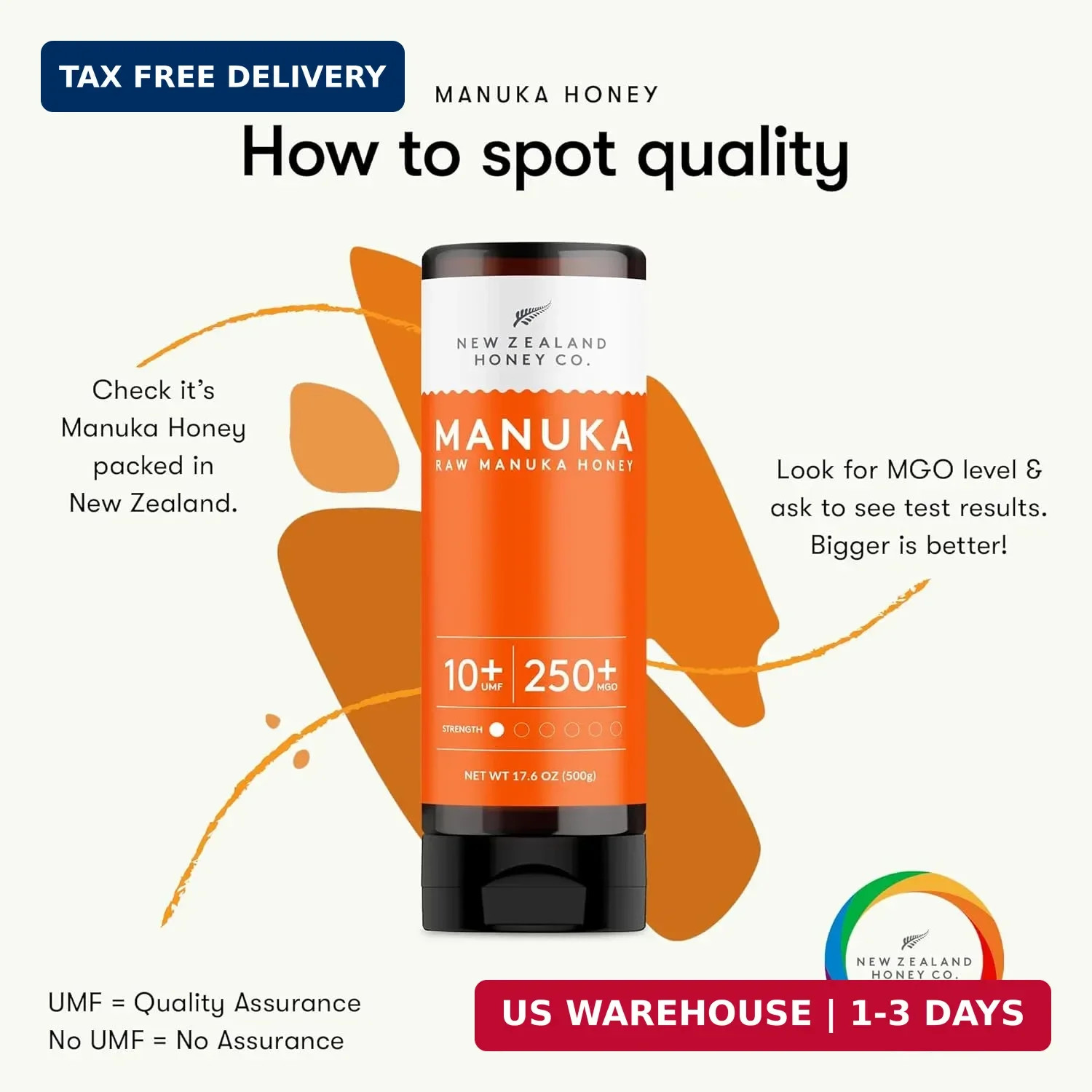 New Zealand Honey Co. Pure Manuka Honey Squeeze Bottle UMF 10+ / MGO 250+ | 17.6