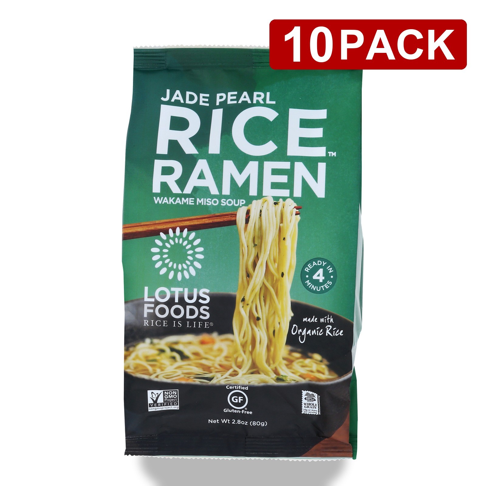Jade Pearl Rice Ramen With Wakame Miso Soup By Lotus Foods 2.8 Oz 10 Pack