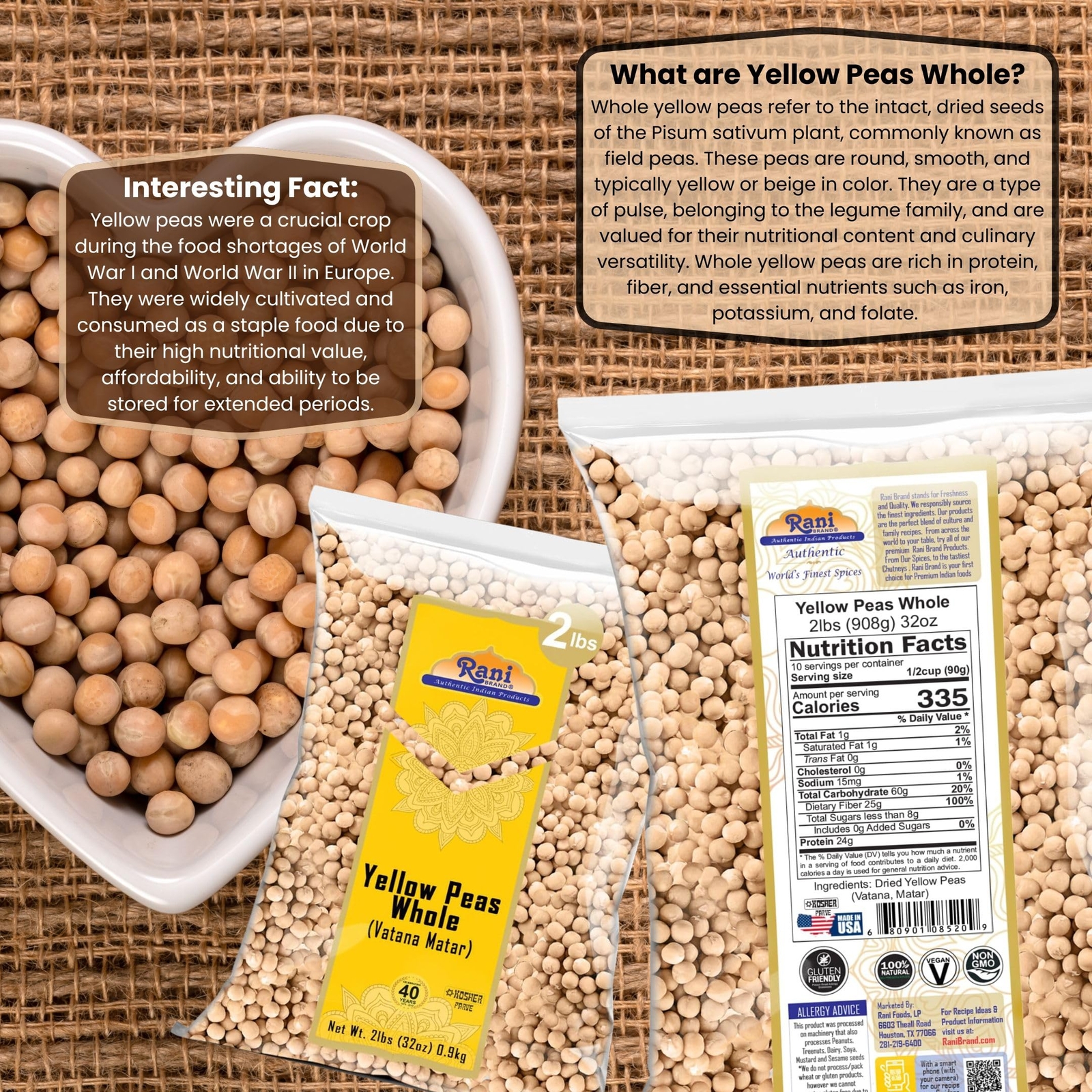 Rani Yellow Peas Whole, Dried (Vatana, Matar) 32oz (2lbs) 907g
