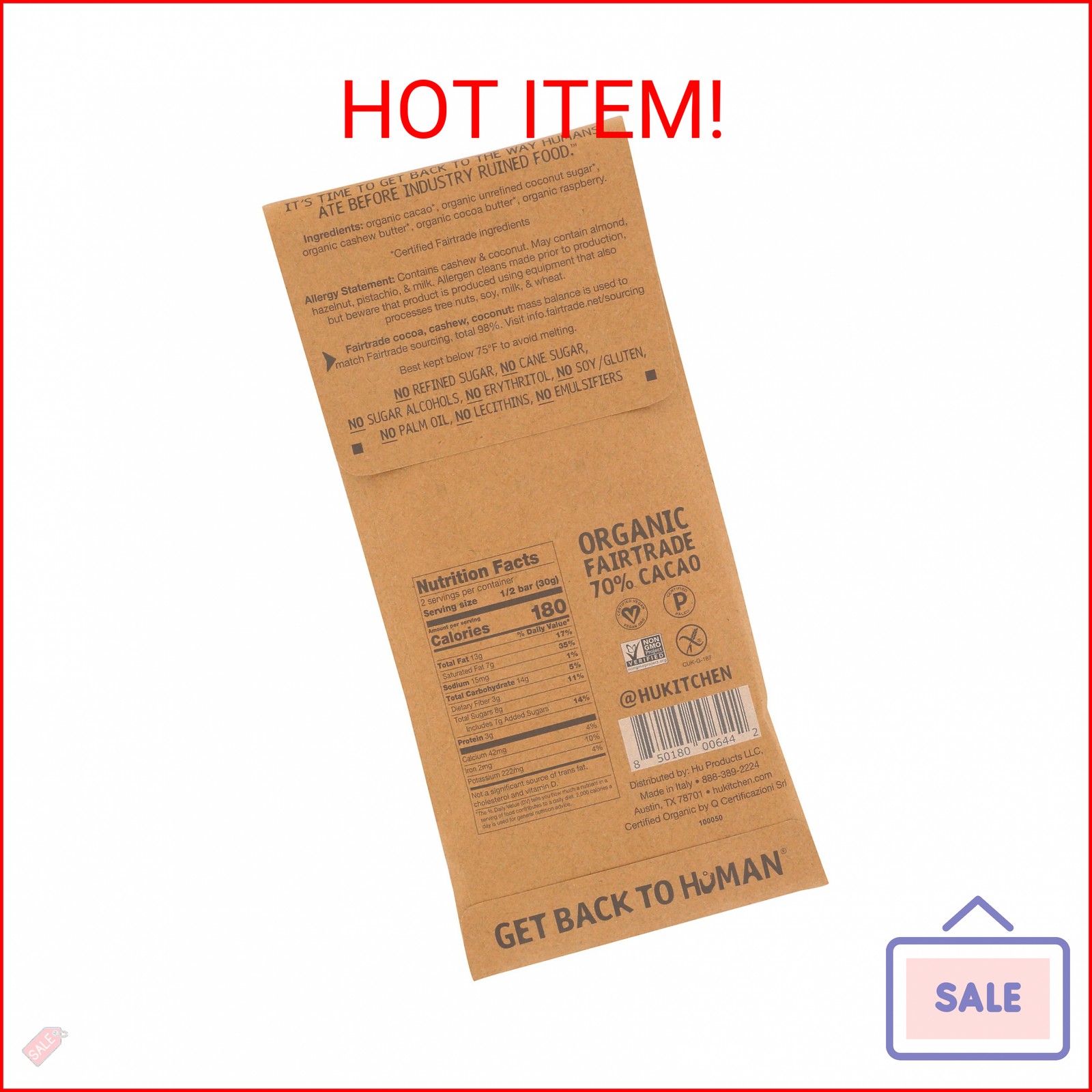 Hu Kitchen Organic Raspberry Cashew Butter Chocolate Bar, 2.1 OZ