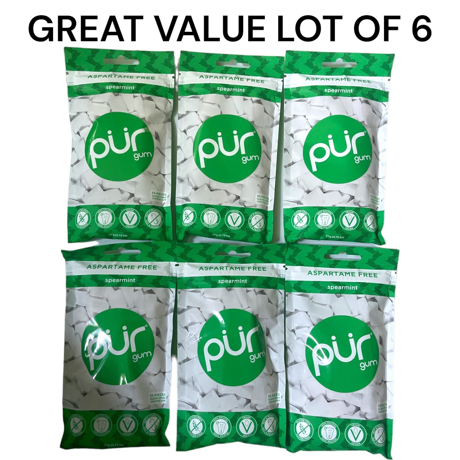 6 Packs PUR Chewing Gum SPEARMINT 55 pieces in each Aspartame Free BB 04/26 Lot2