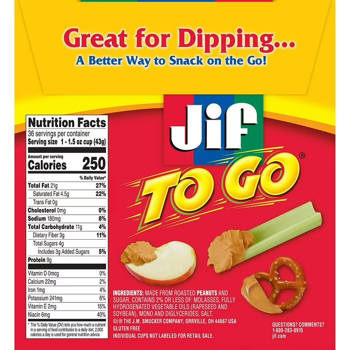 Jif-To-Go Creamy Peanut Butter – 36 Count Disposable, Easy-to-use Cups