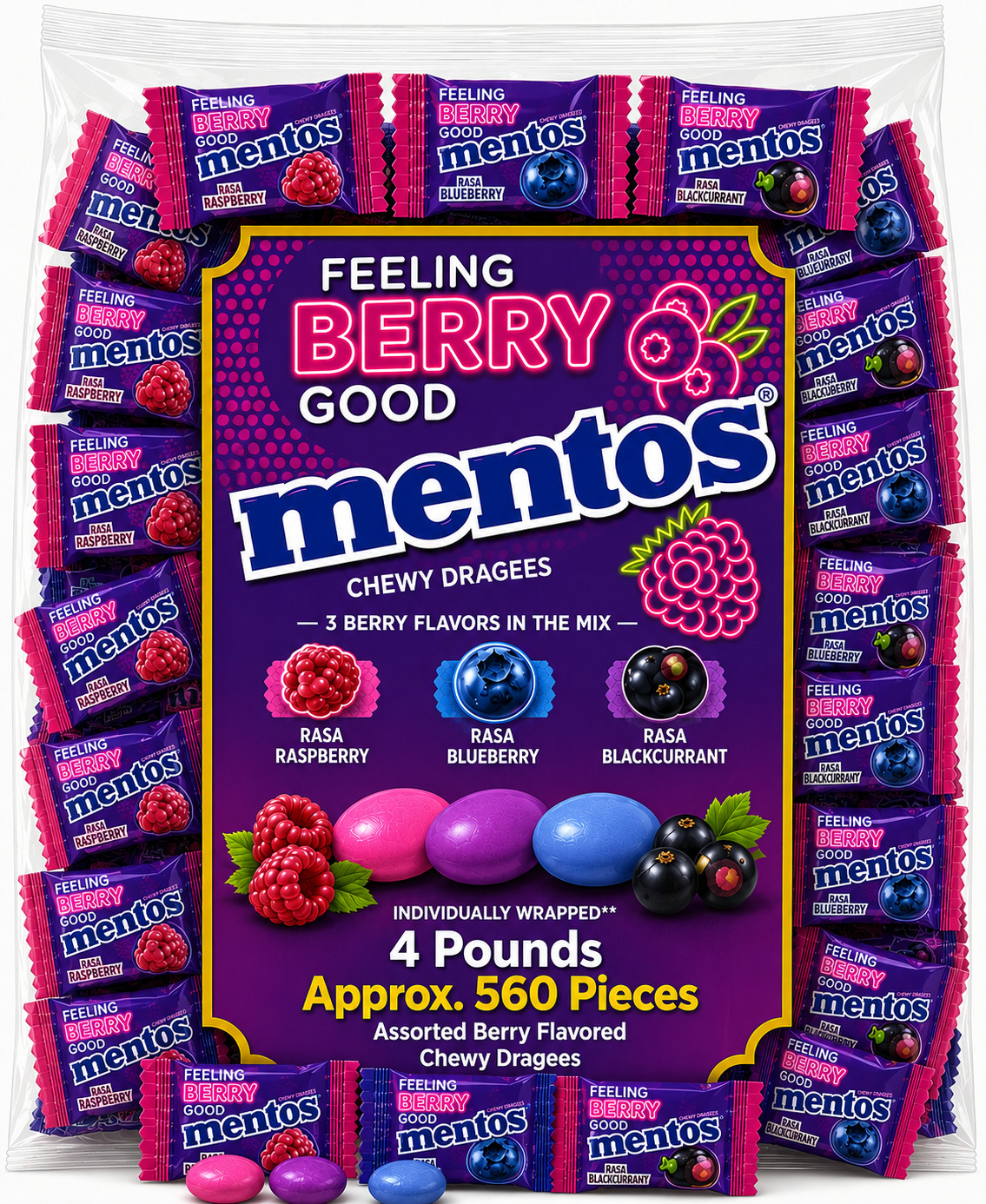 Mentos Feeling Berry Good Fruit Flavors, Bulk Fun Size Chewy Candy (4 Pounds)