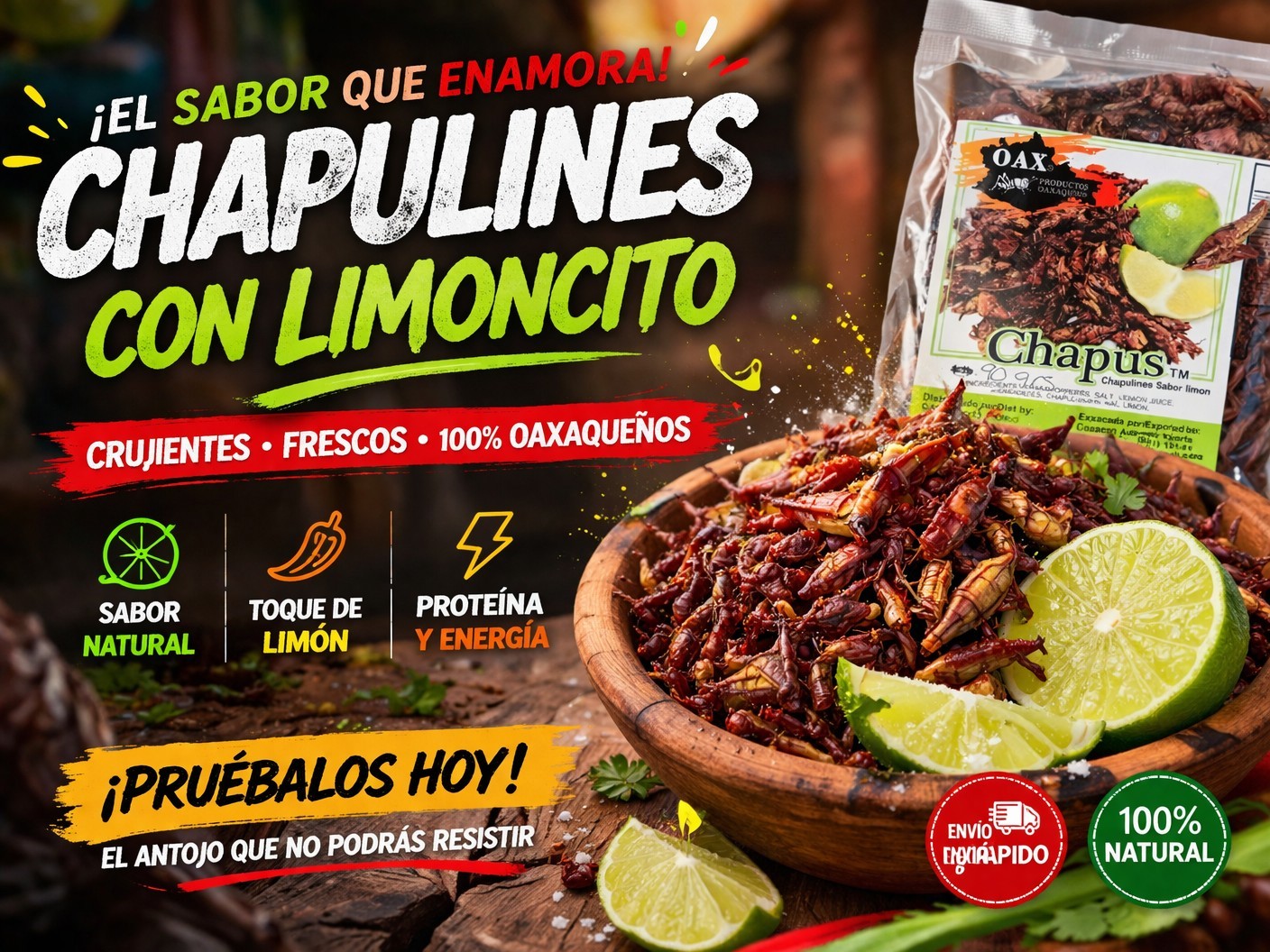 90 GR FRESH CHAPULINES CON LIMONCITO 🍋‍🟩 (grasshoppers w/lime) from OAXACA