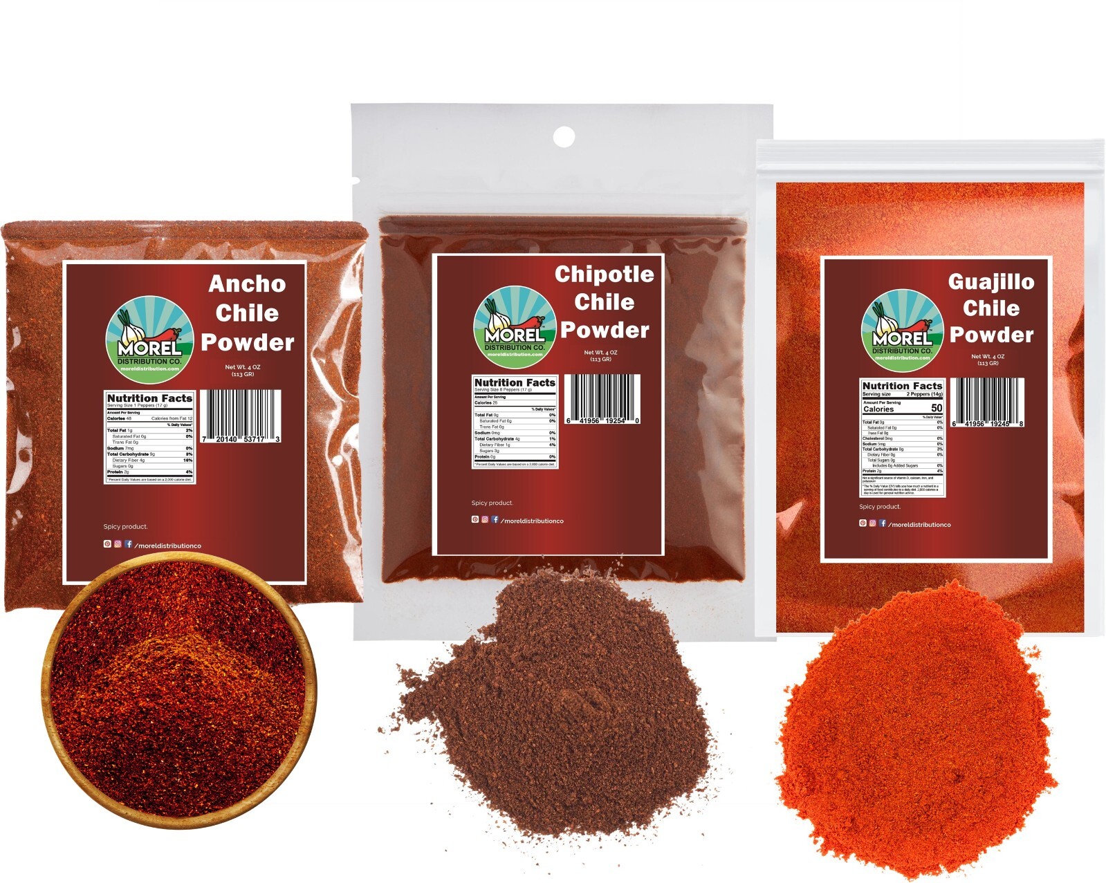 Chile Powder Trio. Ancho Powder, Chipotle Powder, Guajillo Powder 3 pack. 12 oz.