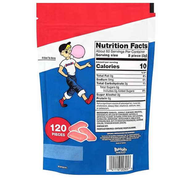 Bazooka Sugar-Free Bubble Gum Pellets Bag – 120 Count Bulk Gum, Original Flavor