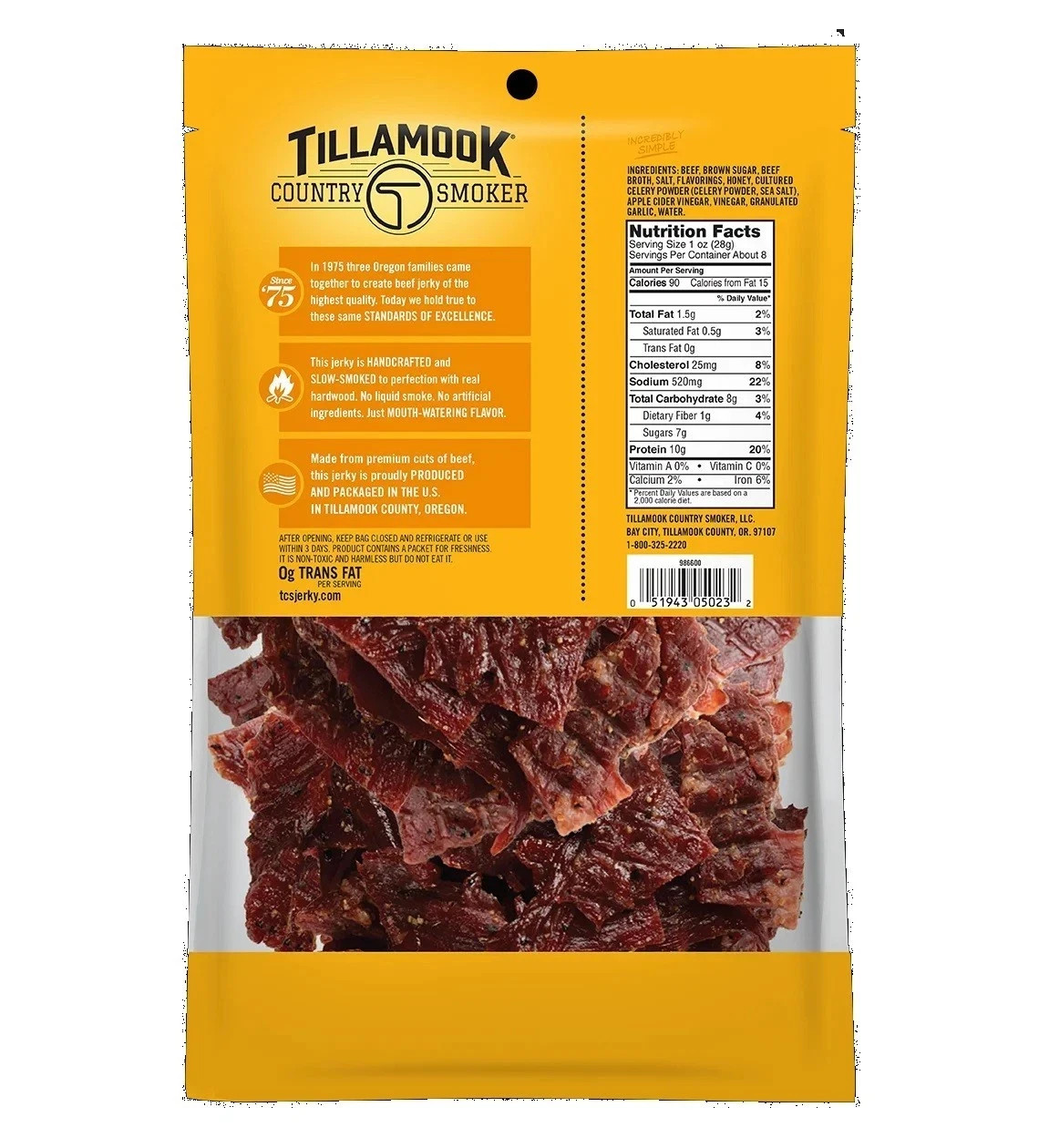 Tillamook Country Smoker,Real Hardwood Smoked Honey Glazed Beef Jerky,8 oz Bag.