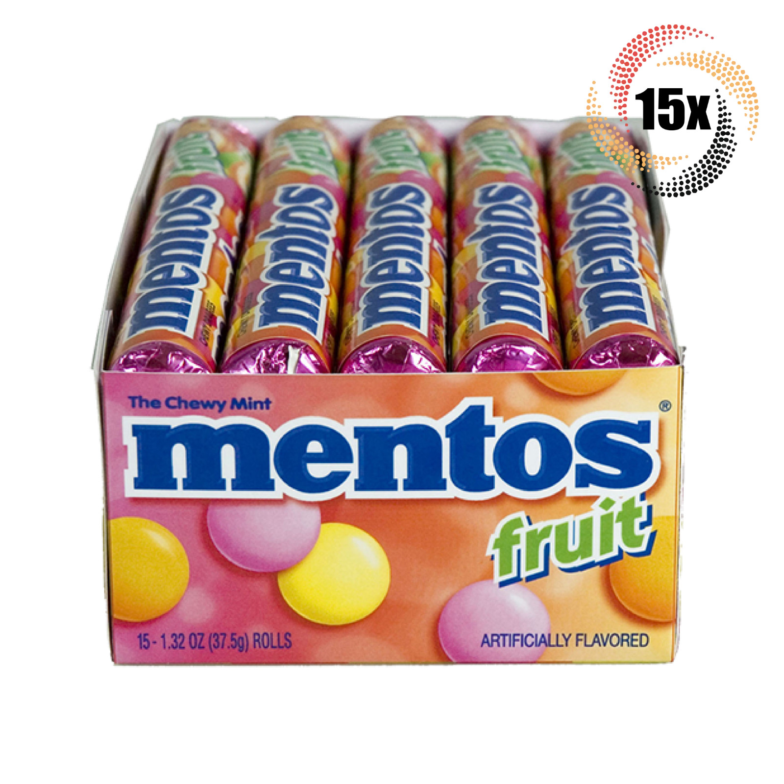 Full Box 15x Roll Mentos Assorted Fruit Chewy Mints | 14 Mints Per Roll | 1.32oz
