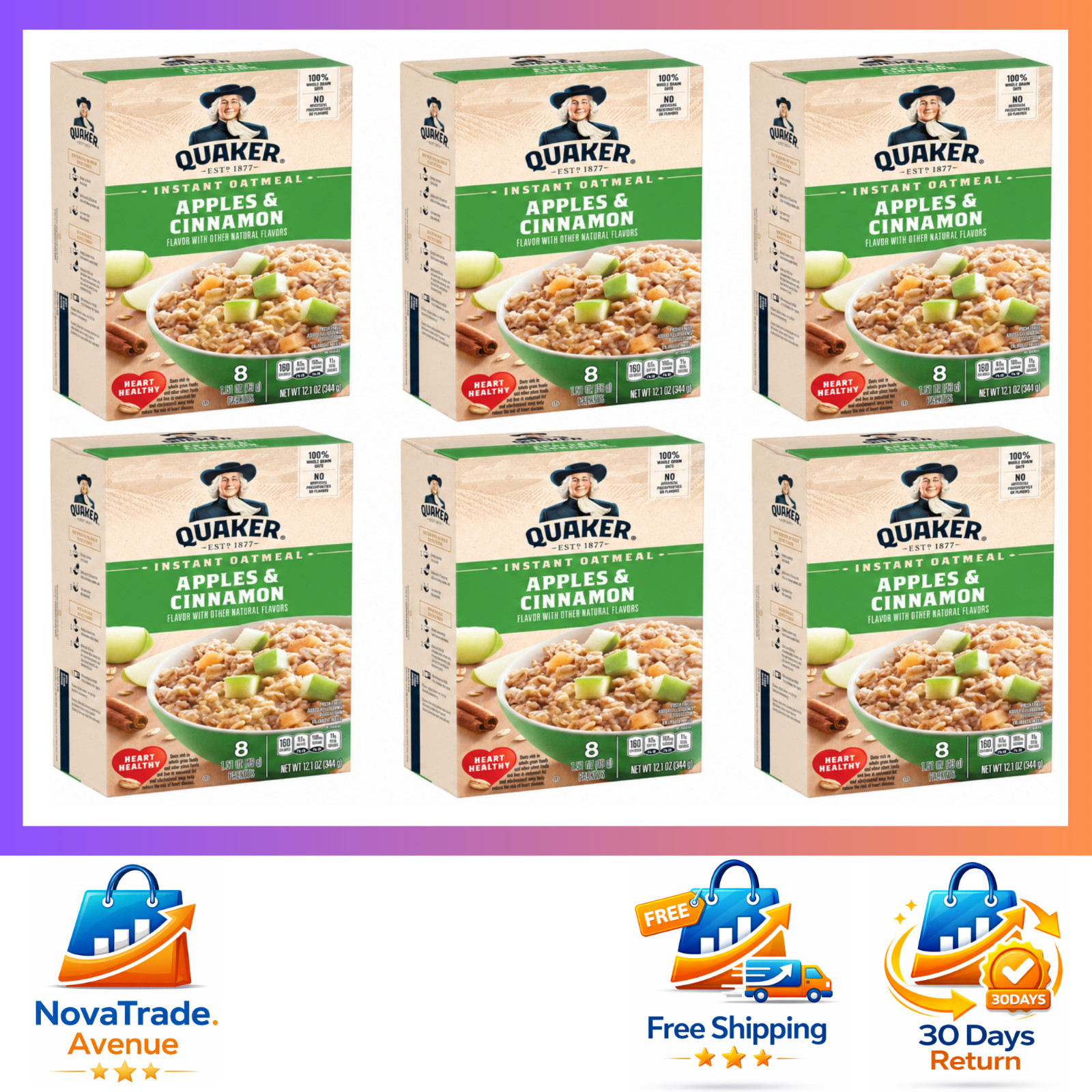 (6 pack) Quaker Instant Oatmeal, Apple & Cinnamon, 12.1 oz, 8 Packets (48 Total)
