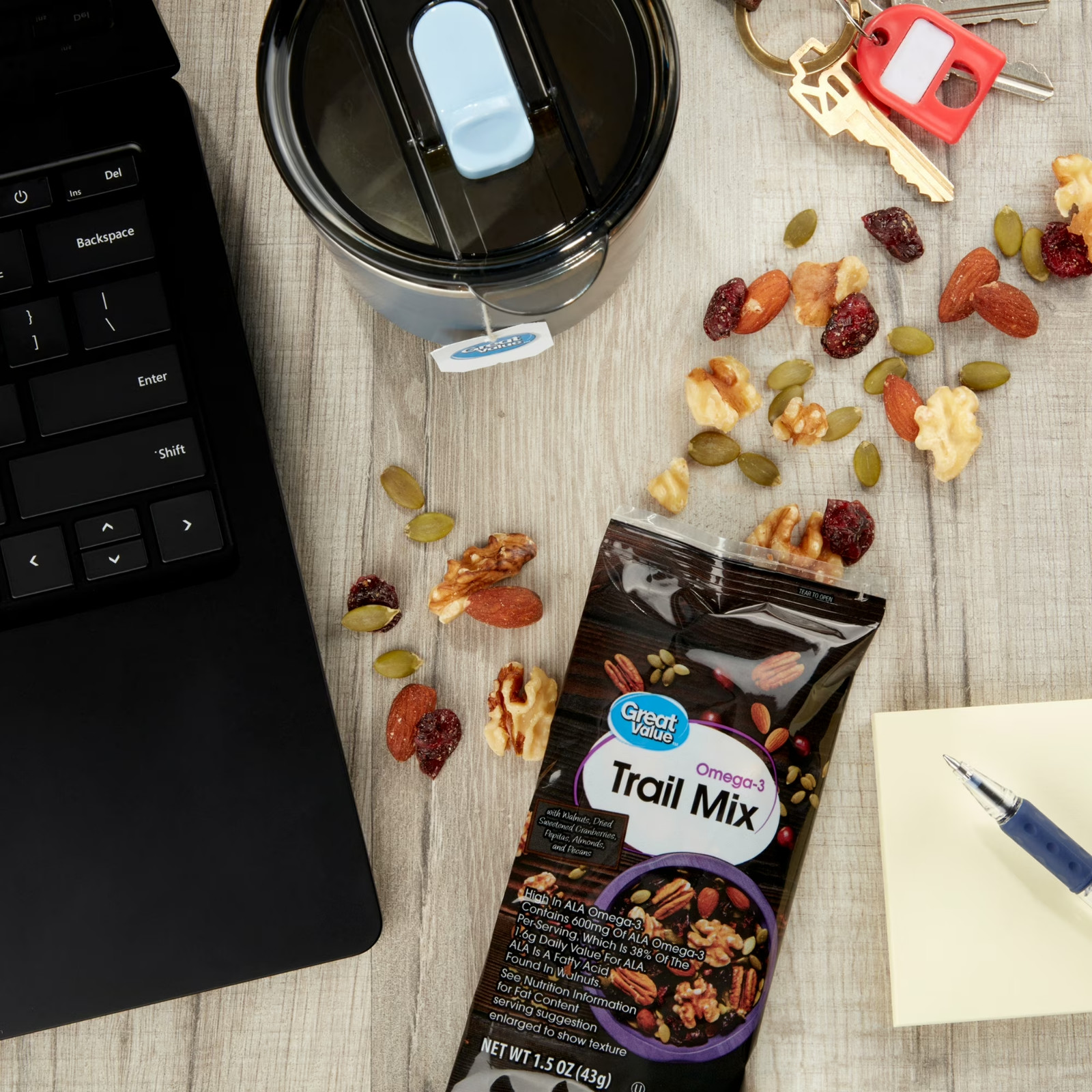 Great Value Omega-3 Trail Mix Snack Packs Nuts Dried Fruit 1.5oz 8 Count..