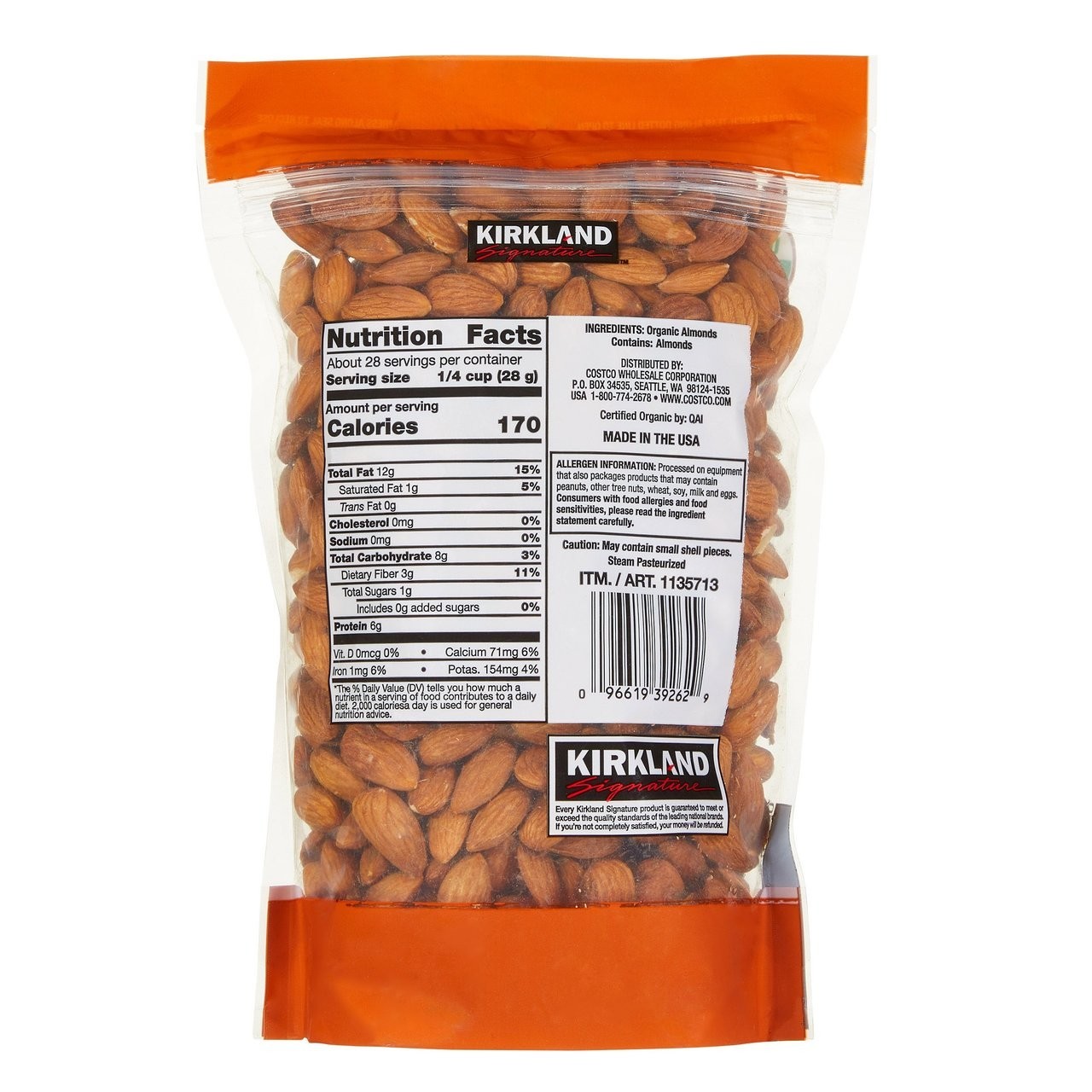 2 Packs Kirkland Signature Organic Almonds from California Nonpareil 1.7 LB Each