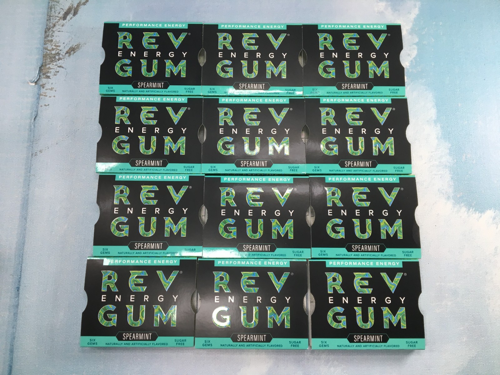Rev Energy Gum Spearmint 12 Pack, 6 Ct. Each, BB 2/27, 60 mg Caffeine Sugar-Free