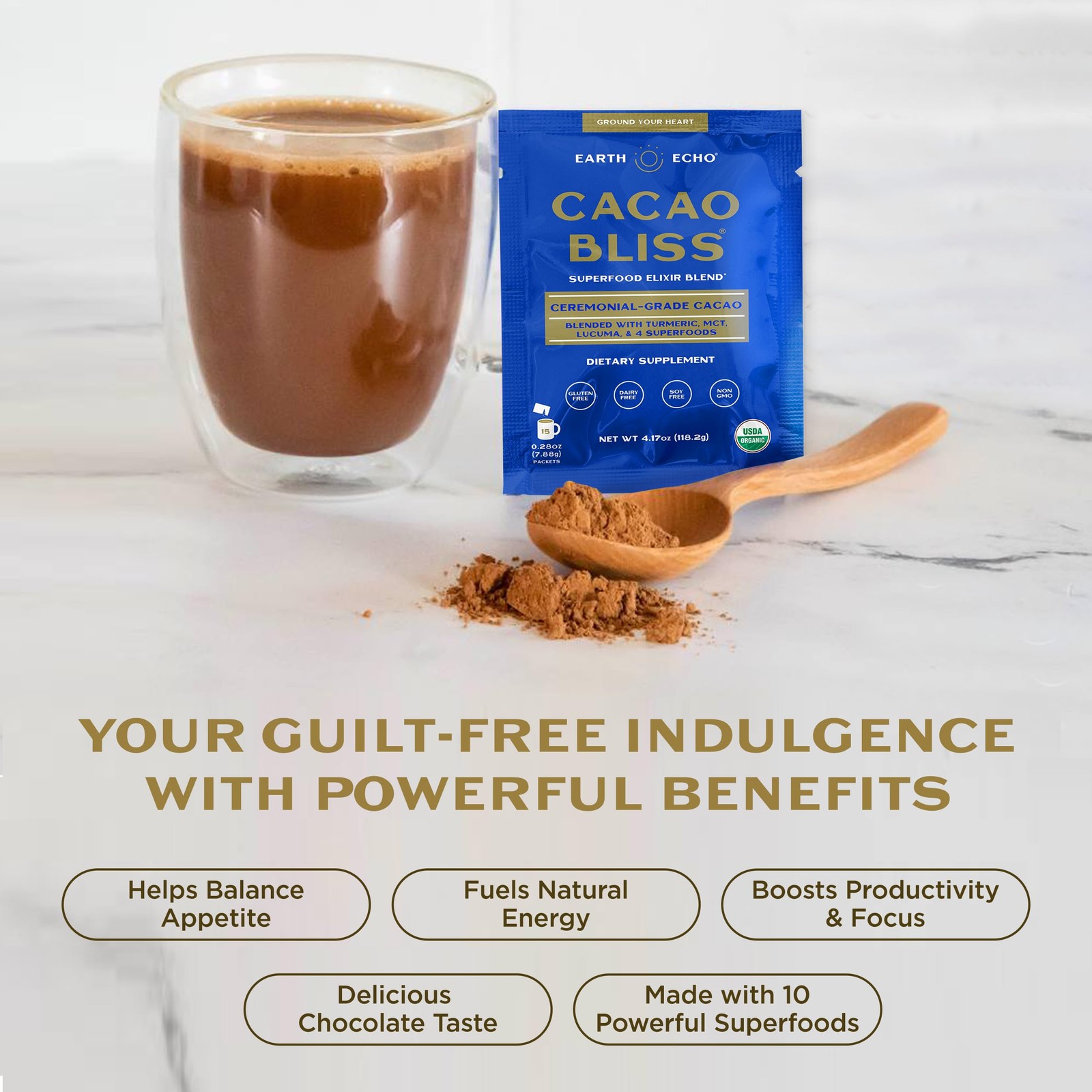 Earth Echo Cacao Bliss – Ceremonial Grade Organic Raw Cacao Powder with MCT Oil