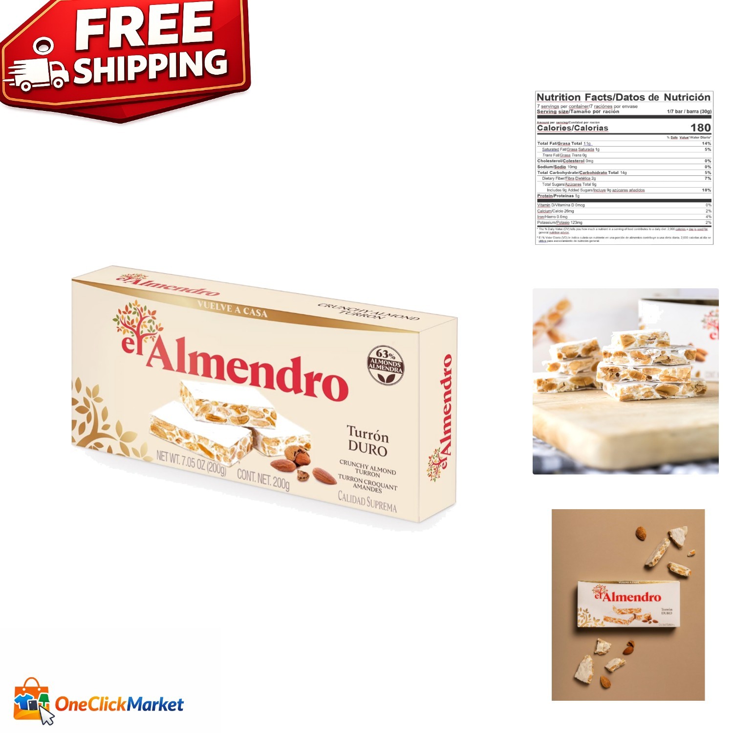 Crunchy Almond Turron Duro – Delicious Gluten-Free Treat, 7oz Box