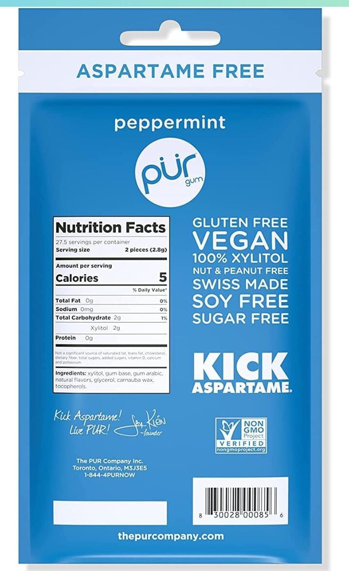 PUR Xylitol Chewing Gum PEPPERMINT (55 Pieces, 4 Pack) Sugarless Vegan Pure